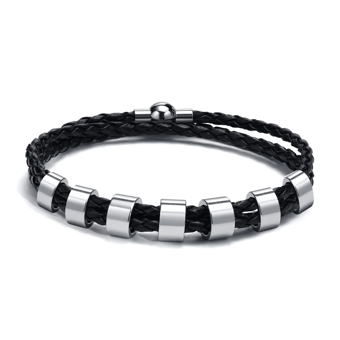 Vnox Free Custom Name Mens Braided Genuine Leather Bracelet Gifts Jewelry,Stainless Steel Beads Charm with Family Names,Dad Gift