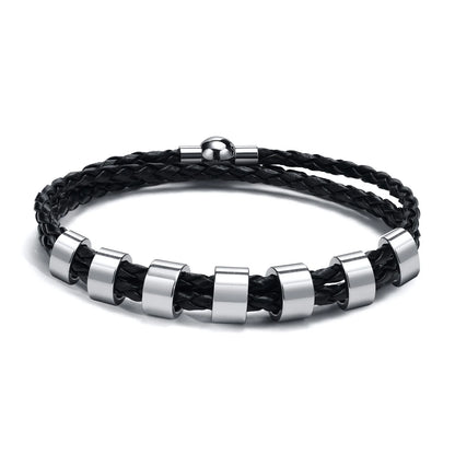 Vnox Free Custom Name Mens Braided Genuine Leather Bracelet Gifts Jewelry,Stainless Steel Beads Charm with Family Names,Dad Gift