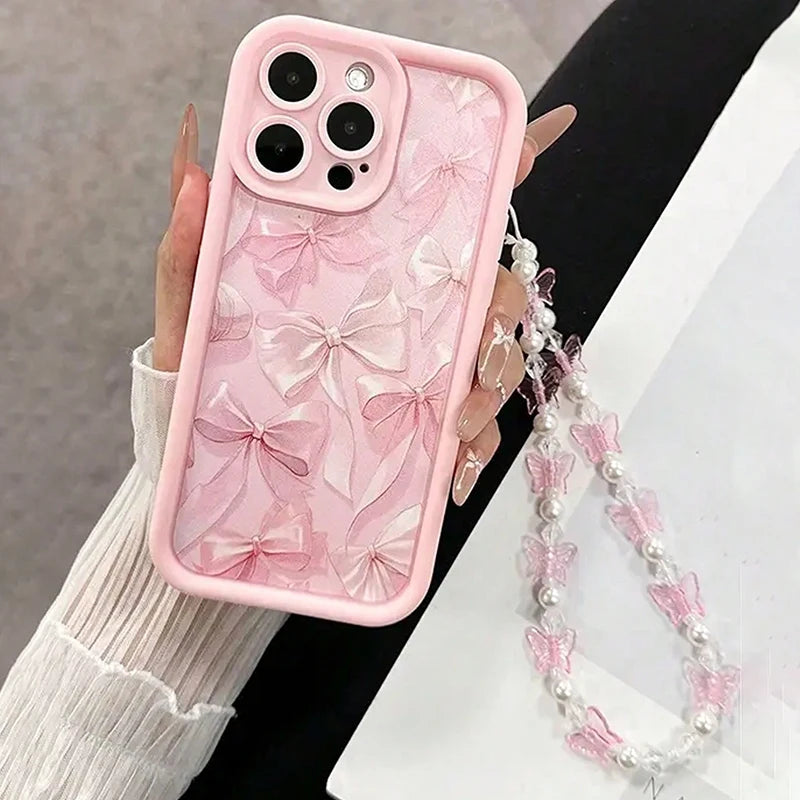 Pink Bow Pattern Silicone Phone Case For iPhone 16 17 Pro Max 15 14 13 12 11 Pro Max 16E X XS XR 7 8 Plus Butterfly Charm Cover