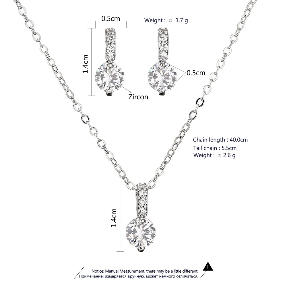 Elegant Bridal Wedding Jewelry Sets Female Round Clear Crystal Zirconia Pendant Necklace Earrings Party Jewellery for Women