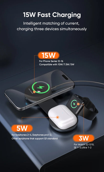 3-in-1 Foldable Magnetic Wireless Charger, 15W Fast Charging, Multi-function Wireless Charging for IPhone, IWatch, Earphones