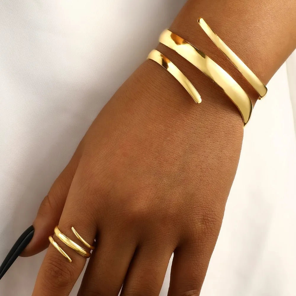 European and American Thick Bracelet and Ring Jewelry Set for Women Gold Color Geometric Line Bracelet Ring Combination Set Gift