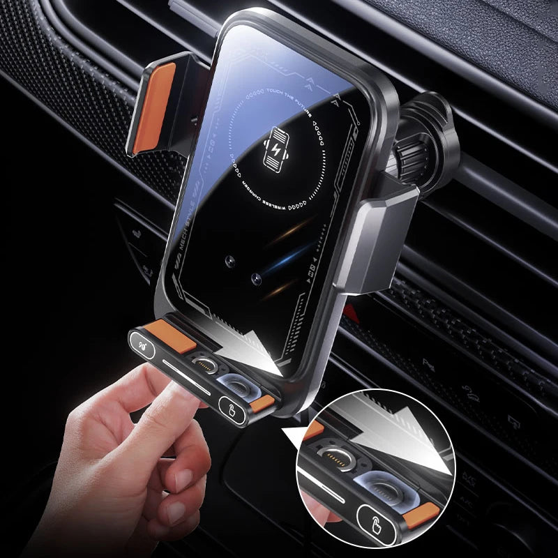 15W Wireless Car Charger with Infrared Sensor Auto Clamping Vent Mount One-Touch Rotation for Secure Fast Charging