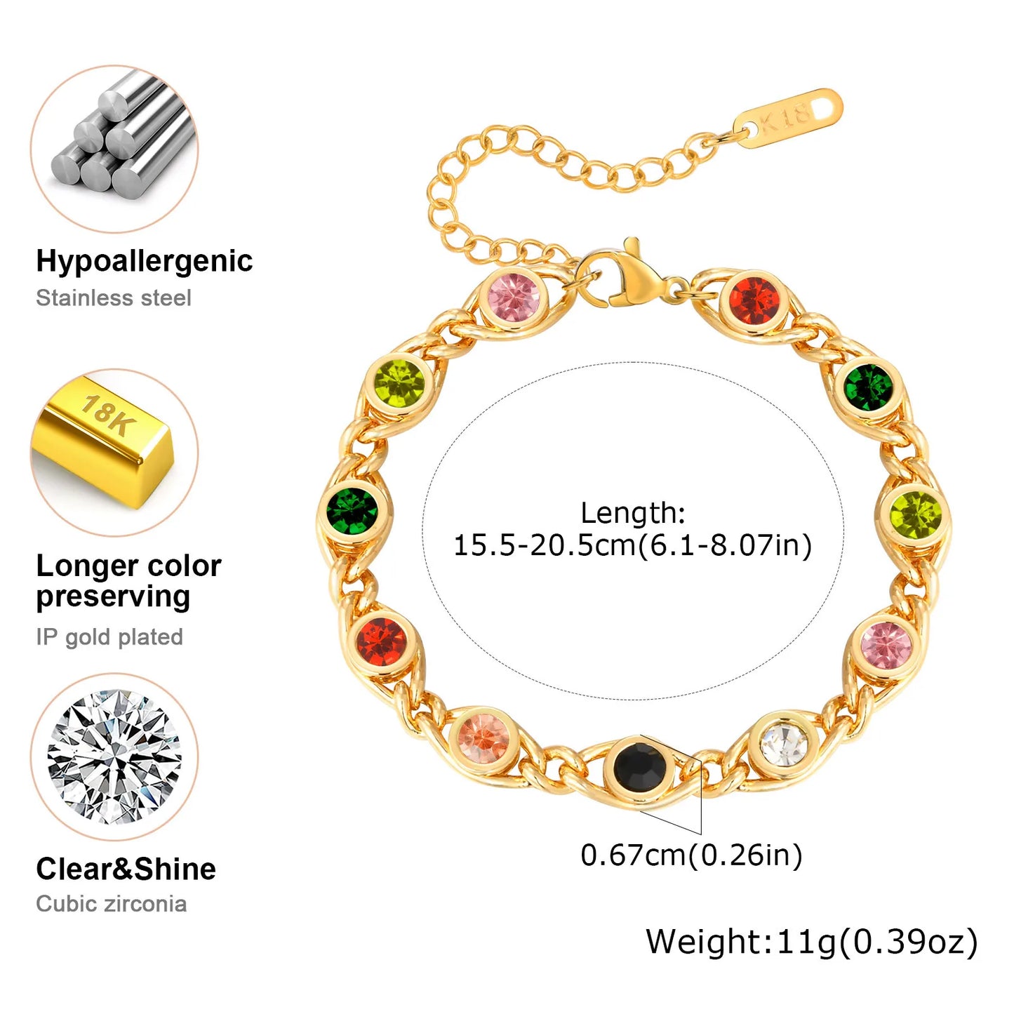 Colorful Zircon Bracelet for Women, 18k Gold Plated Birthstone Bangle, Waterproof Chain Jewelry