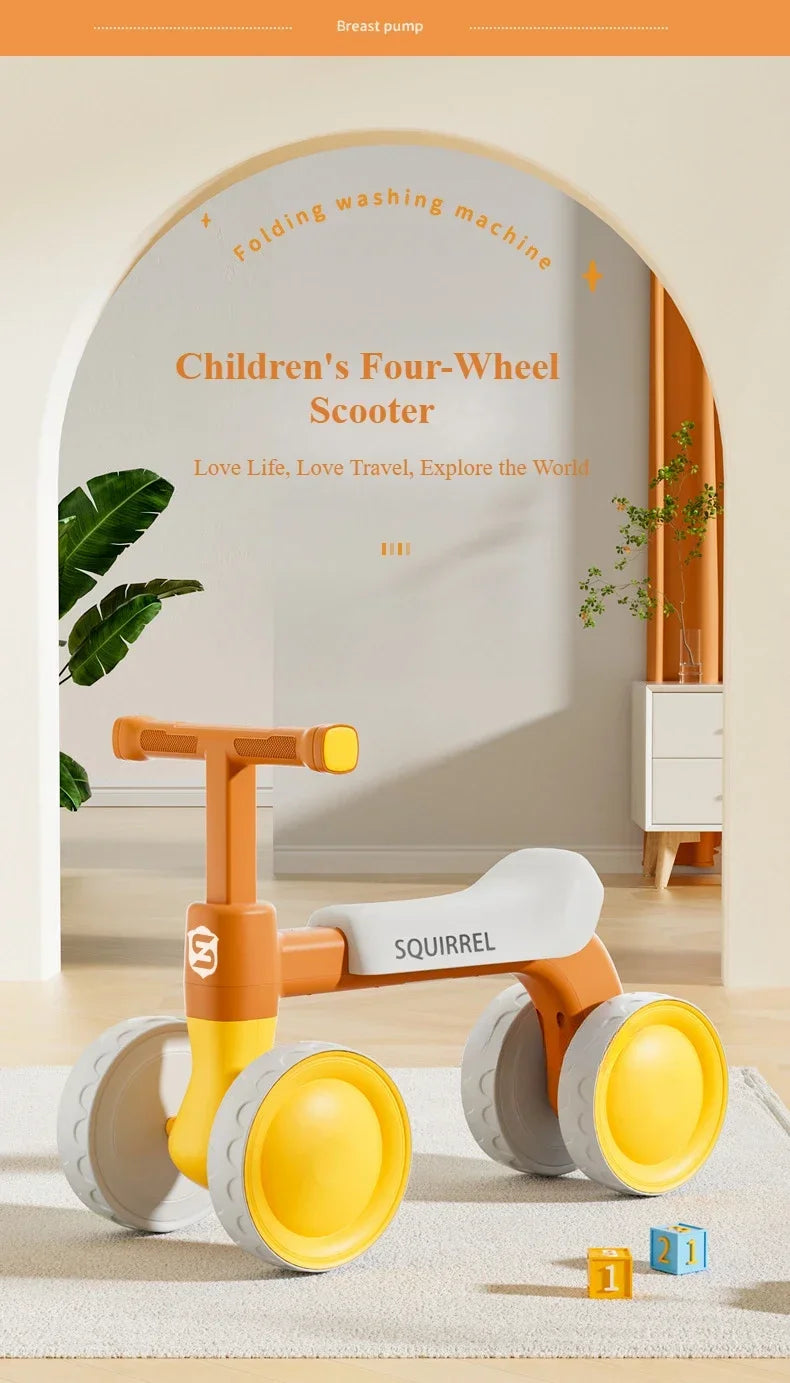 Baby Balance Bike 4-Wheel Walker with No Pedal First Toddler Outdoor Ride-On Toy Kids Birthday Gift for 1-3 Year Olds