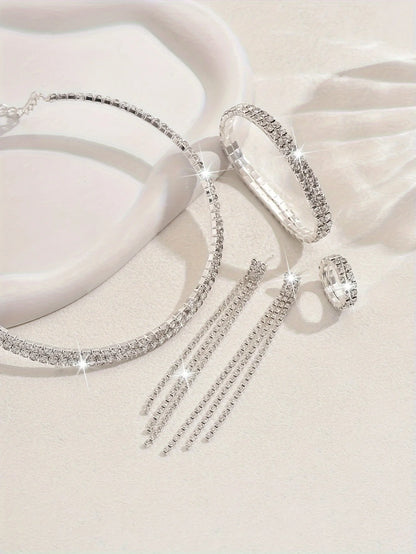 5pcs Luxurious Rhinestone Jewelry Set for Women,Choker, Earrings, Stretch Bracelet & Ring for Weddings, Banquets & Parties