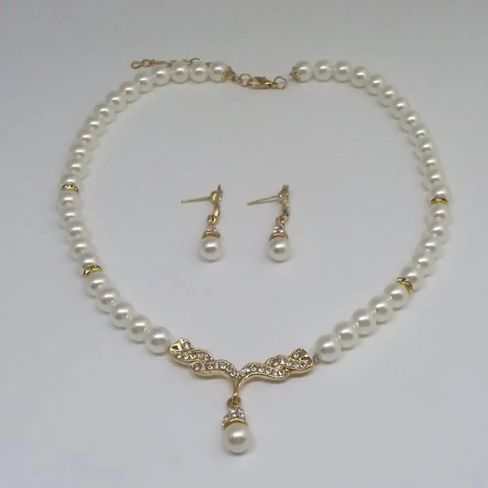 Elegant Necklace Earrings Women Fashion Jewelry Set Faux Pearl Bridal Wedding Alloy Party Studs Necklace Earrings Set