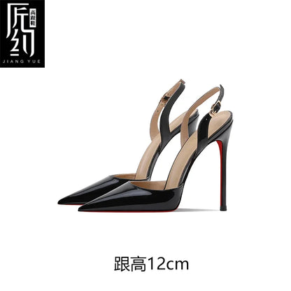 White patent leather toe back empty strap sandals for women, pointed thin heels, shallow mouth, high heels, single shoes