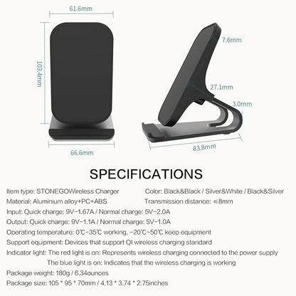 Wireless Charger Mount 10W 7.5W 5W Qi Fast Charging Pad Dual Coils Case Friendly Anti-Slip Rubber Type-C Input Phone Accessory