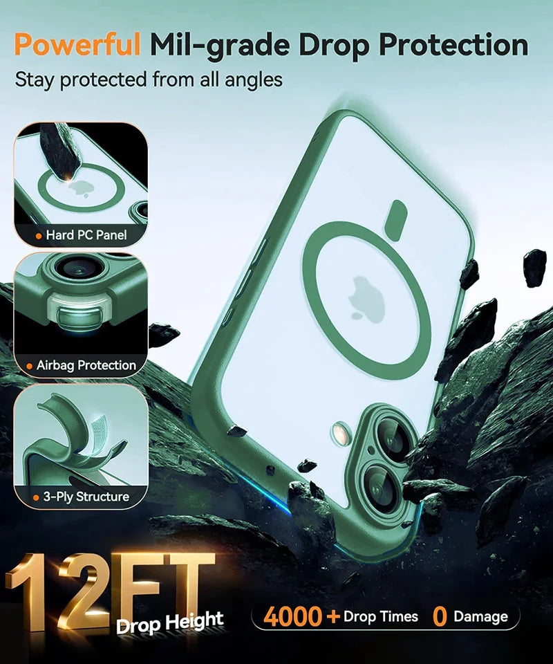 Magsafe Magnetic Luxury Armor Shockproof Case For iPhone 17 Air 16 15 14 13 Pro Max For Wireless Charge Matte Translucent Cover