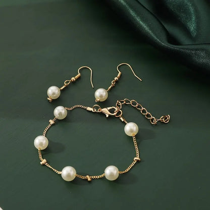 4pcs Gold-color Necklace Earring Bracelet Set Ladies Elegant Imitation-Pearls Collection Temperament Tassel Jewelry