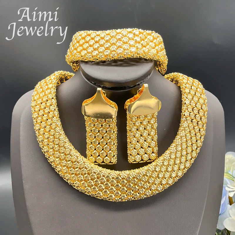 Trendy African Jewelry Set for Women Chunky Necklace Earrings Bracelet Dubai 18K Gold Plated Fashion Jewellery for Party Wedding