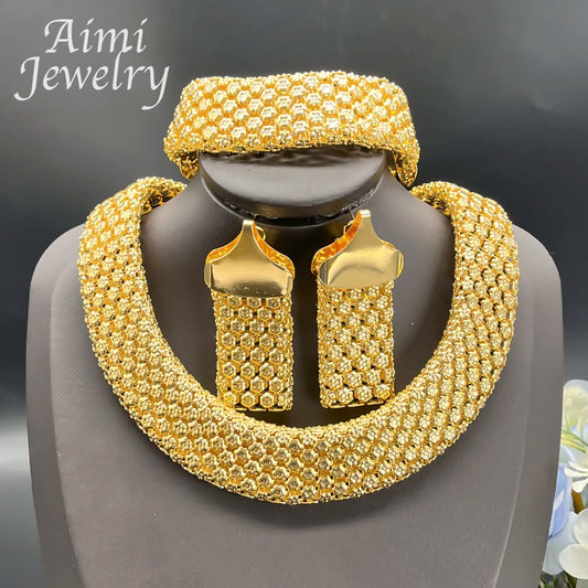 Trendy African Jewelry Set for Women Chunky Necklace Earrings Bracelet Dubai 18K Gold Plated Fashion Jewellery for Party Wedding
