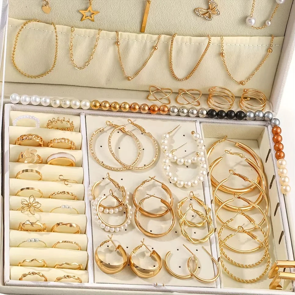 92Pcs Women's Fashion Jewelry Set Contain Hoop Earrings、Stud Earrings、Bracelet、Necklace and Ring，Versatile Daily Jewelry