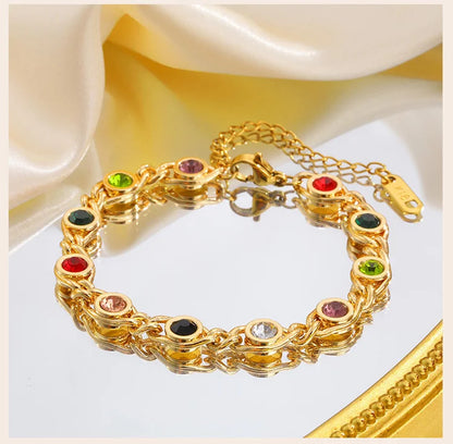 Colorful Zircon Bracelet for Women, 18k Gold Plated Birthstone Bangle, Waterproof Chain Jewelry