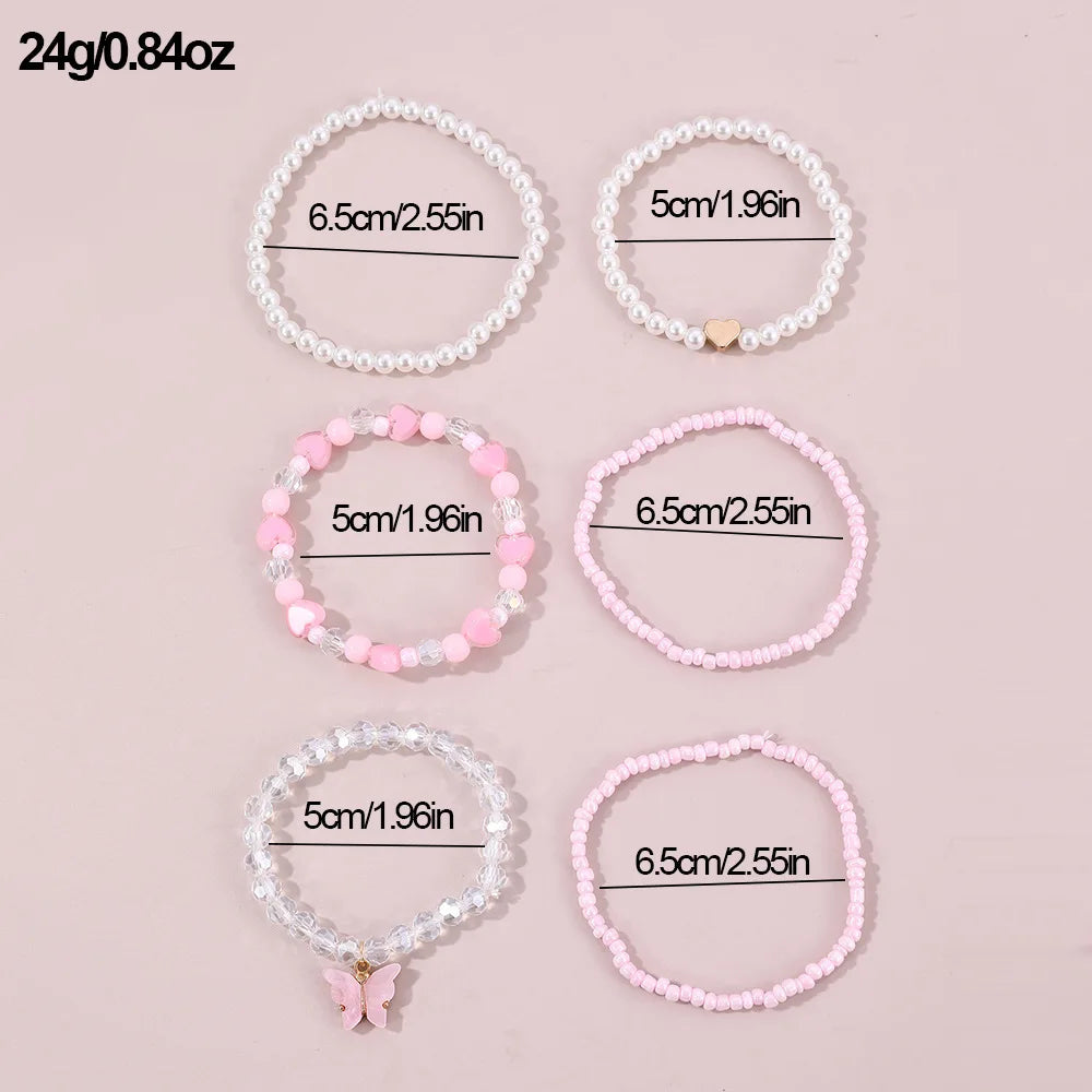 European and American Bracelet Simple Design Sweet Cute Pearl Love Beaded Butterfly Pendant Bracelet 6 Pieces suit
