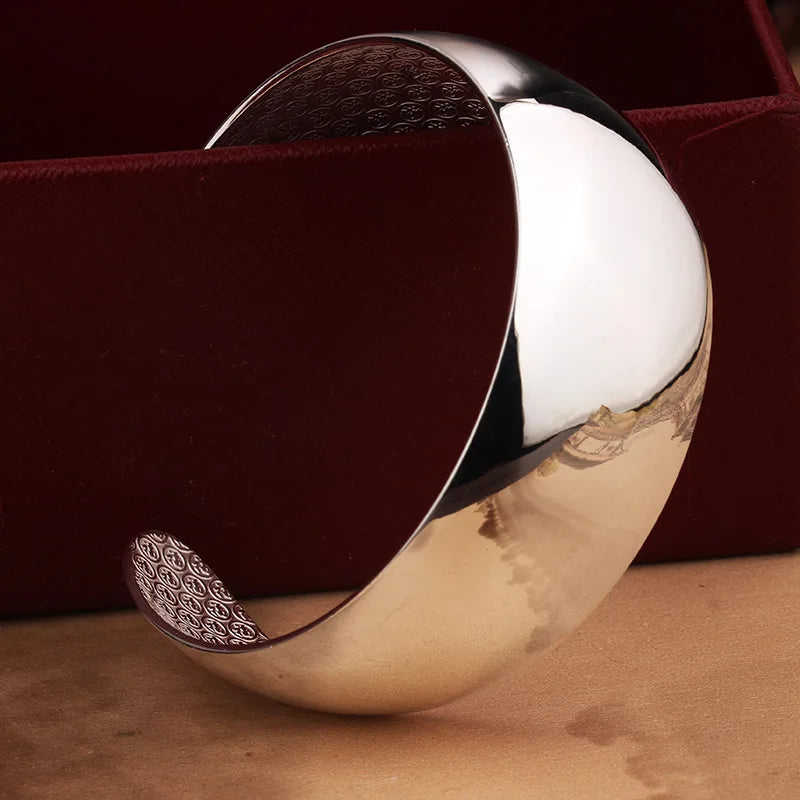 Simple Glossy Talisman 925 Silver Bracelet Women's Ethnic Style Fashion Wide Bracelet Open Stacked Jewelry