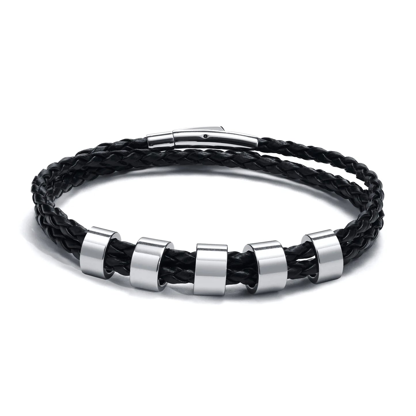 Vnox Free Custom Name Mens Braided Genuine Leather Bracelet Gifts Jewelry,Stainless Steel Beads Charm with Family Names,Dad Gift