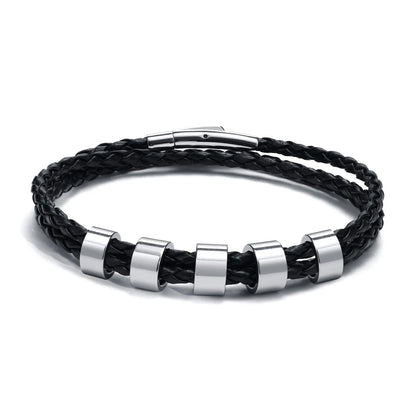 Vnox Free Custom Name Mens Braided Genuine Leather Bracelet Gifts Jewelry,Stainless Steel Beads Charm with Family Names,Dad Gift