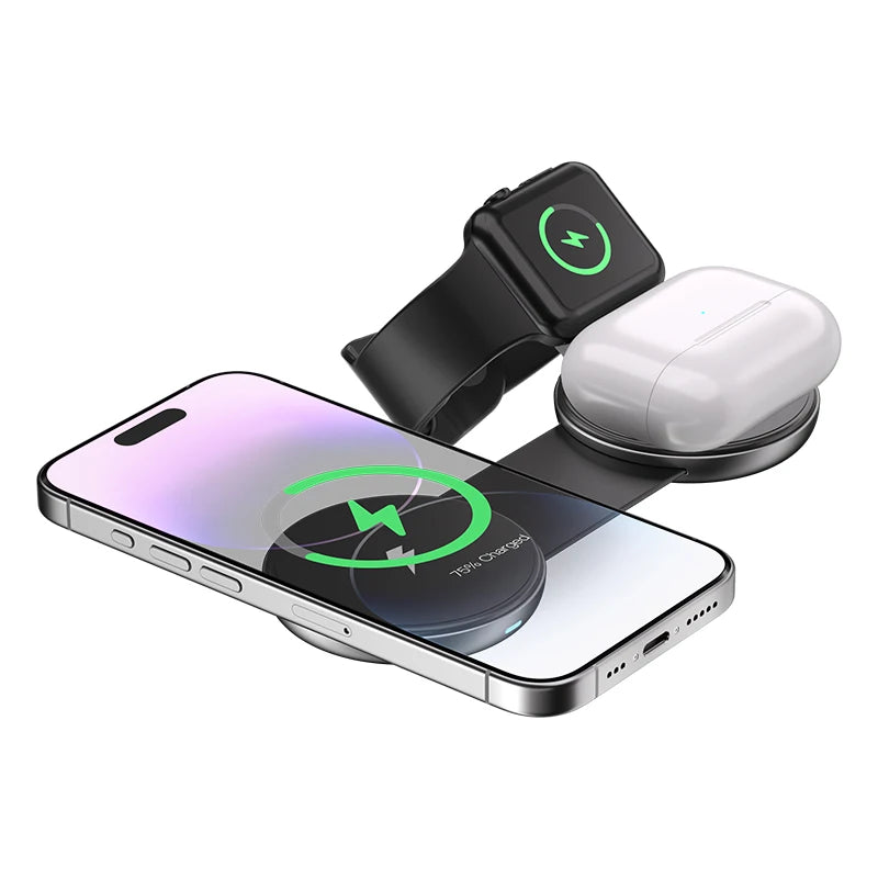 3-in-1 Foldable Magnetic Wireless Charger, 15W Fast Charging, Multi-function Wireless Charging for IPhone, IWatch, Earphones