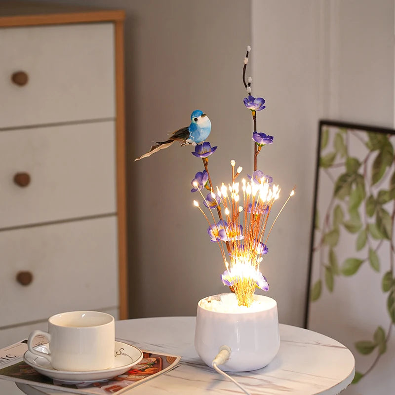 LED Flower and Bird Potted Lamp, Artificial Flower Table Lights, for Camping Gift Living Room Bedroom Mother Home Decor Lamp