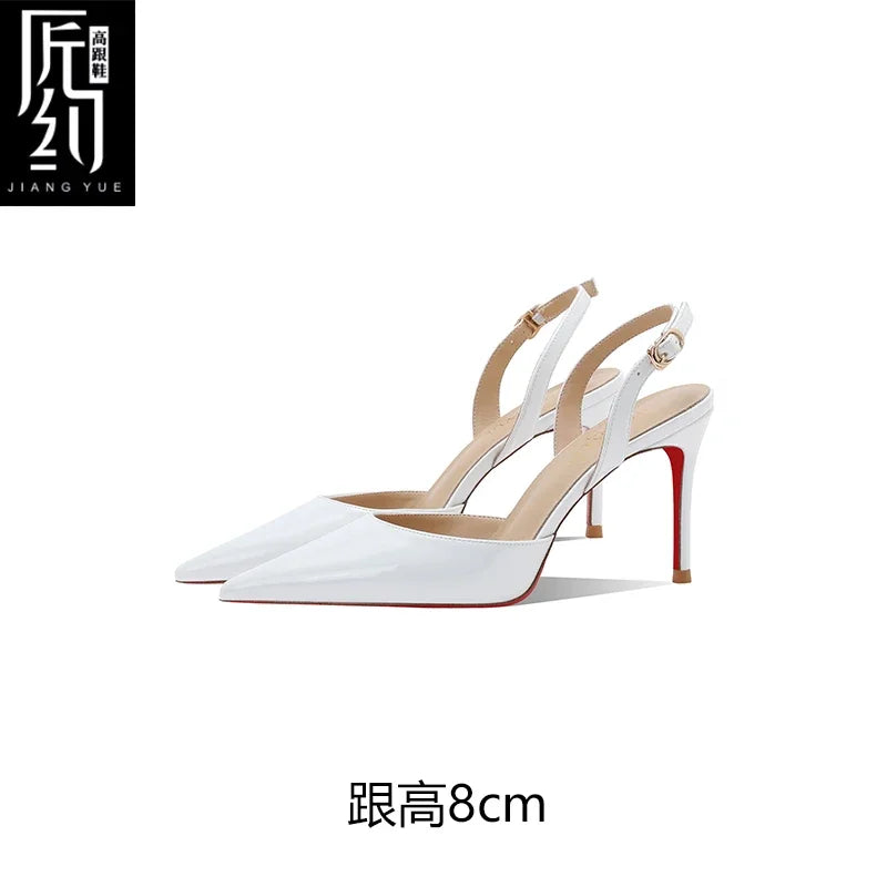 White patent leather toe back empty strap sandals for women, pointed thin heels, shallow mouth, high heels, single shoes
