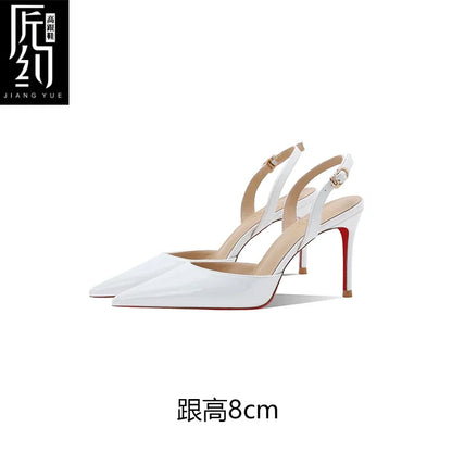 White patent leather toe back empty strap sandals for women, pointed thin heels, shallow mouth, high heels, single shoes