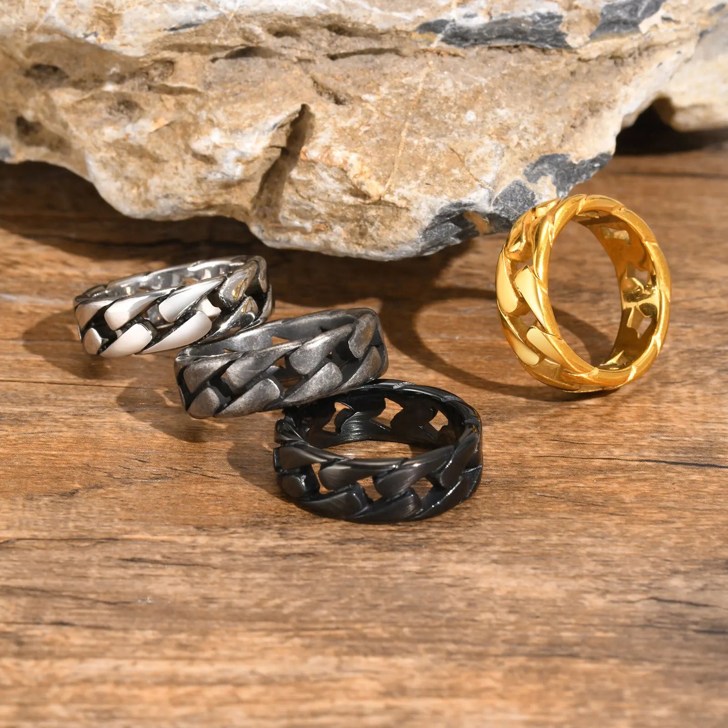 Vnox Men Vintage Oxidized Stainless Steel Rings, Links Shaped Finger Band, Punk Rock Male Alliance