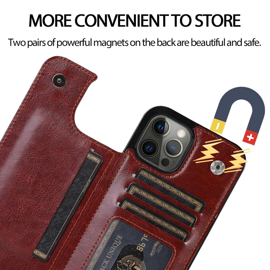 Wallet Double Button With Card Slot Stand Flip Leather Case For iPhone 16e 16 Pro Max 15 Plus 14 13 12 Mini 11 SE3 SE2 X XR 8 7