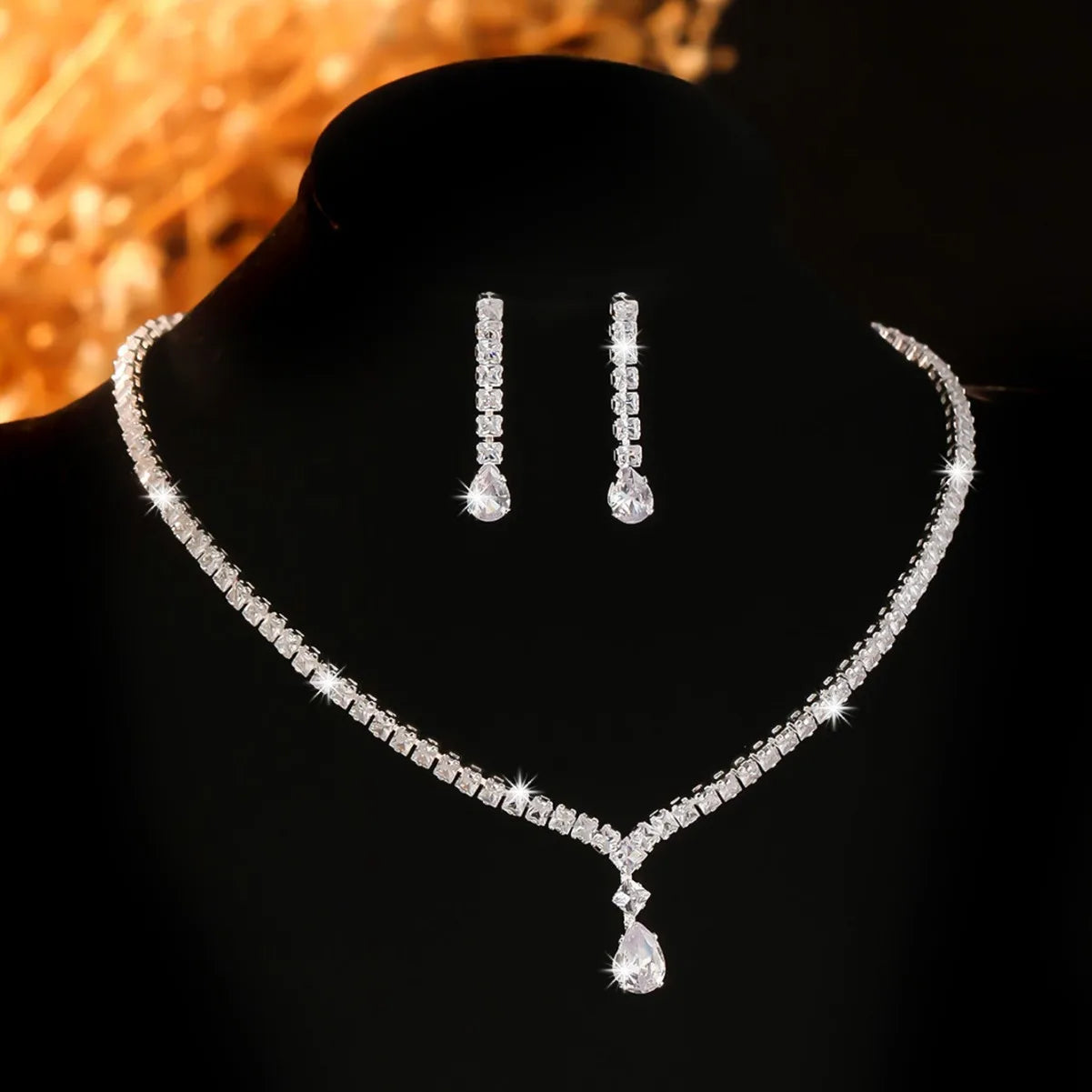 Cross-Border Jewelry, Women'S Fashion Water Drop Crystal Zircon Necklace Earrings Set, Bride Wedding Dress Accessories