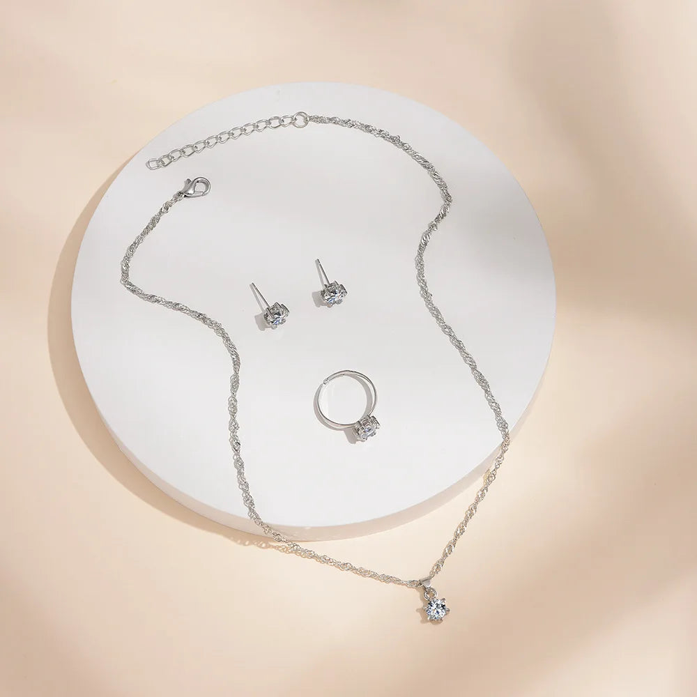 5Pcs Elegant Crystal Jewelry Set Zirconia Ring Necklace Bracelet Earrings Simple Set Jewelry Fashion Versatile Trendy Jewelry