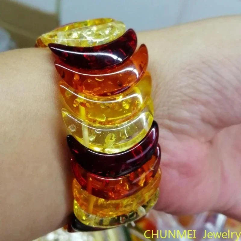 Natural Amber Colorful Bracelet Women Men Colored Honey Wax Baltic Ambers Elastic Beaded Amulet Bracelets Girlfriend Mom Gifts