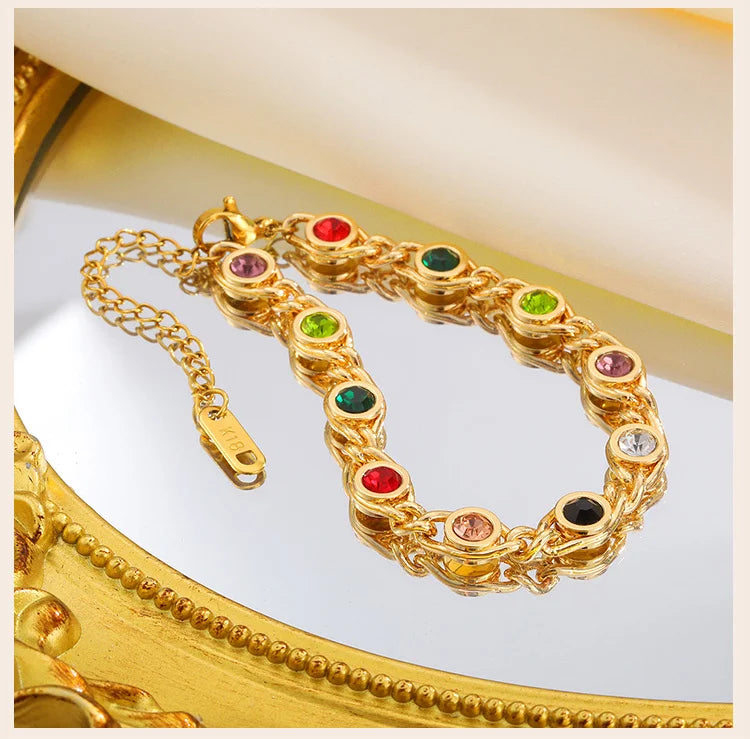 Colorful Zircon Bracelet for Women, 18k Gold Plated Birthstone Bangle, Waterproof Chain Jewelry