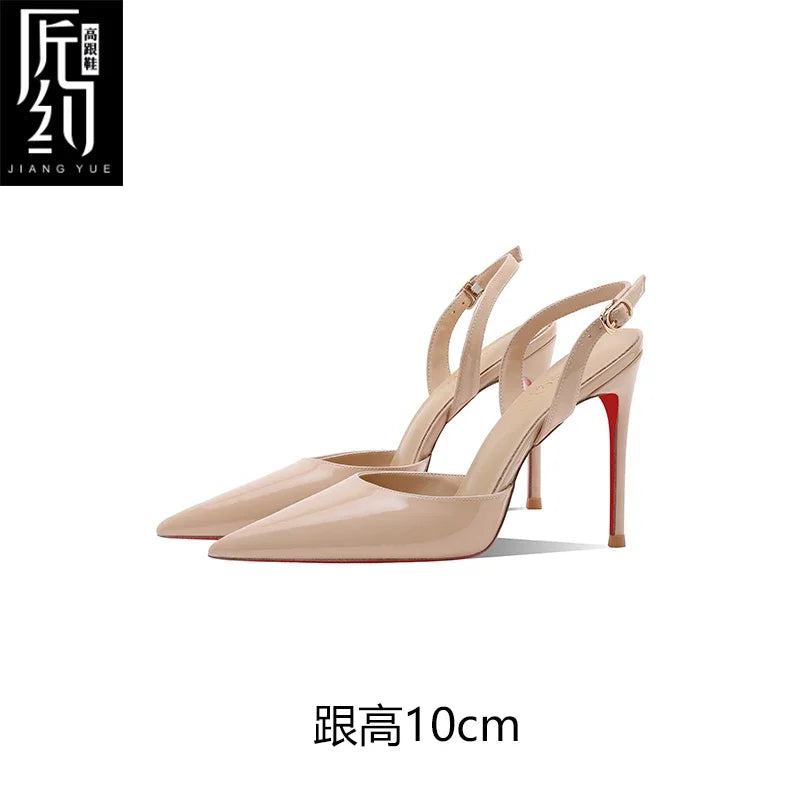 White patent leather toe back empty strap sandals for women, pointed thin heels, shallow mouth, high heels, single shoes