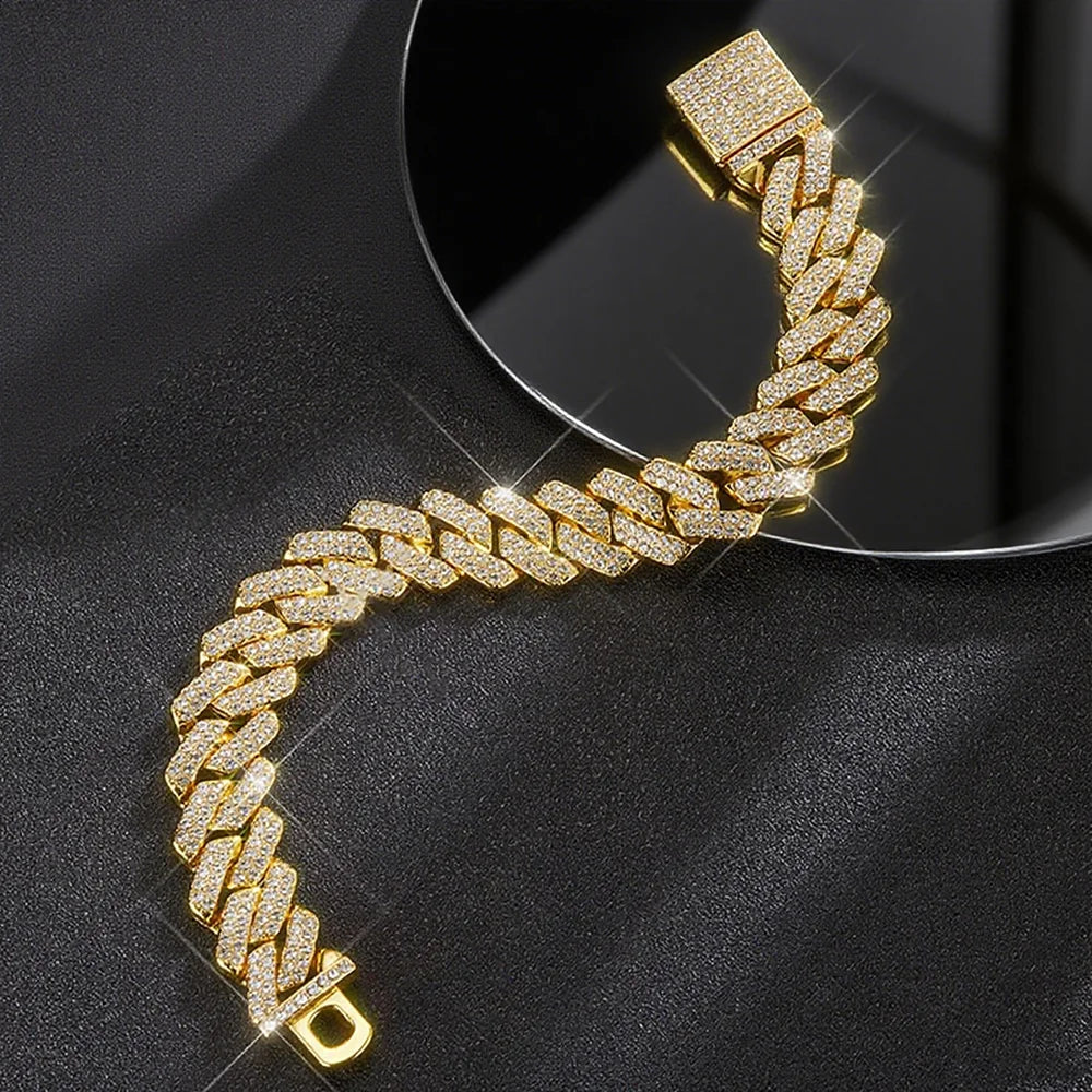 Fashion Hip Hop Square 14MM Cuban Link Necklace Men Gold Color Women Rhinestone Iced Out Cuban Chain Punk Jewelry Necklaces Gift