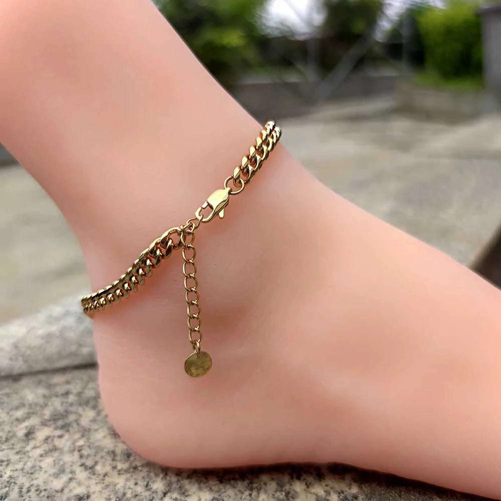 Hip Hop Stainless Steel 18K Plated Gold Anklet Cuban Link Chain For Women Gift Bling