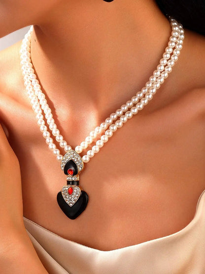 Bride Wedding Jewelry Set Elegant Enamel Rhinestone Love Imitation Pearl Beaded Necklace and Earrings Women's Party Accessories
