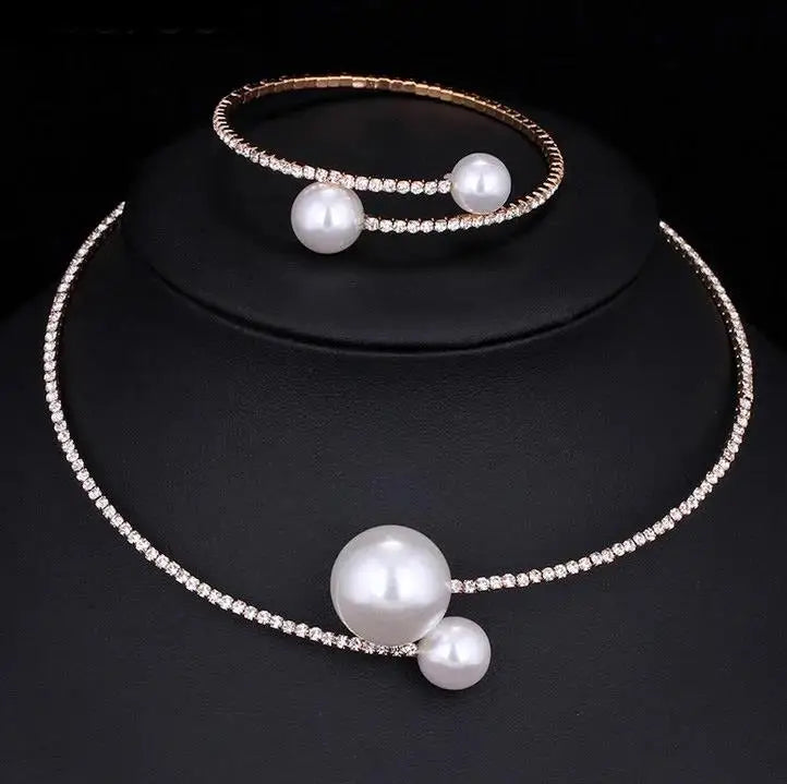 Wedding Bridal Jewelry Set String of Pearls Prom Silver Color Crystal Bracelet Necklace Earrings for Women jewellery sets