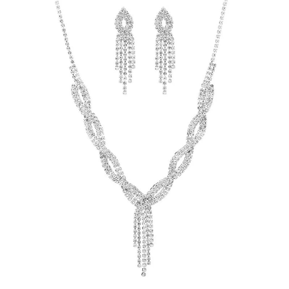 Elegant Women's Jewelry Set Rhinestone Tassel V-Necklace Earrings Zircon Bracelet Bridal Wedding Accessories Party Gift