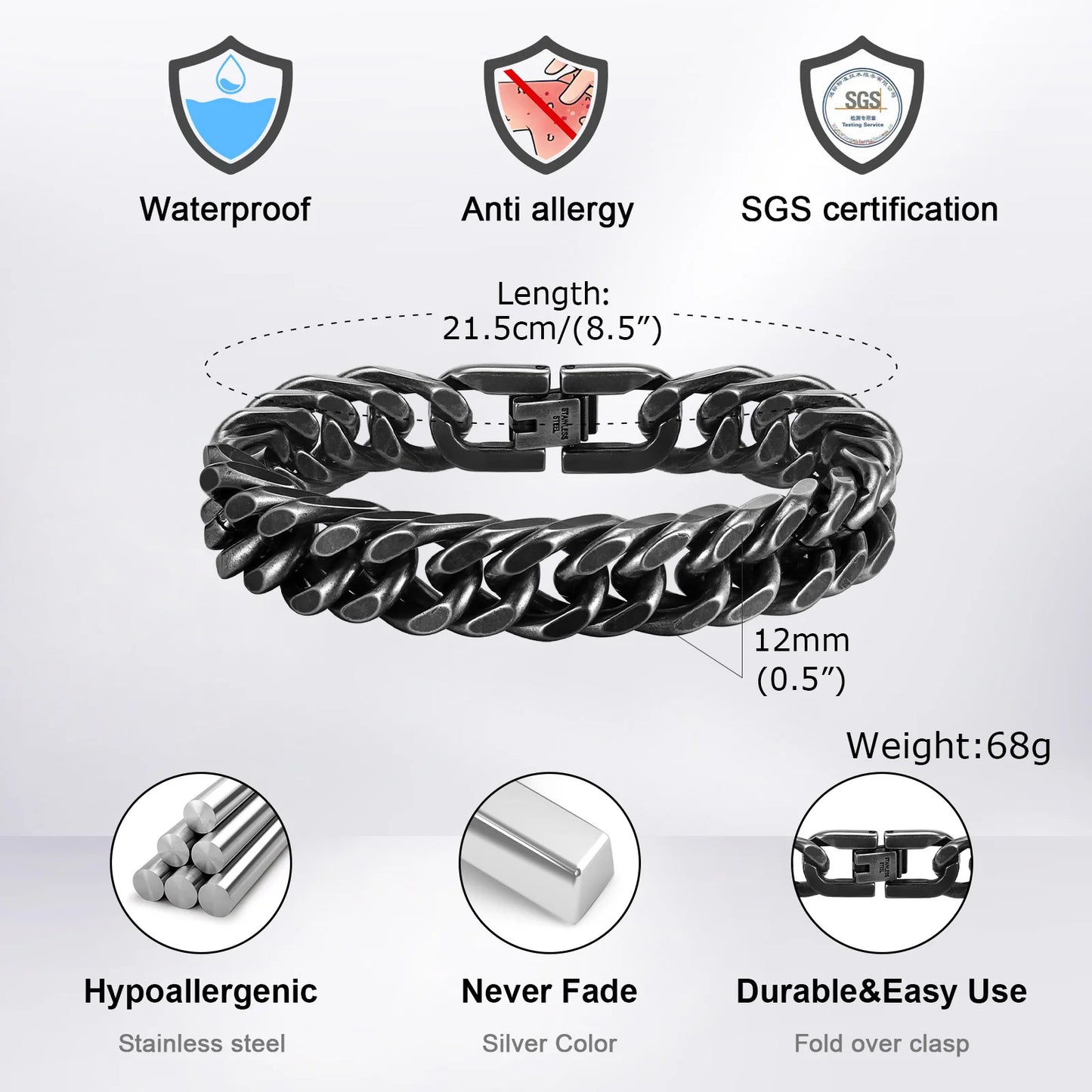 Man Chunky Cuban Chain Bracelet,Stainless Steel Gold Silver Black Retro Color Miami Curb Link Wristband Gift,8/10/12/15MM Width