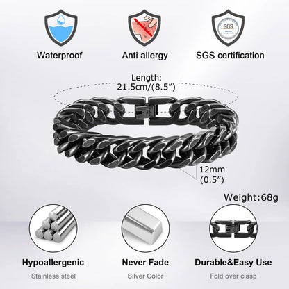 Man Chunky Cuban Chain Bracelet,Stainless Steel Gold Silver Black Retro Color Miami Curb Link Wristband Gift,8/10/12/15MM Width