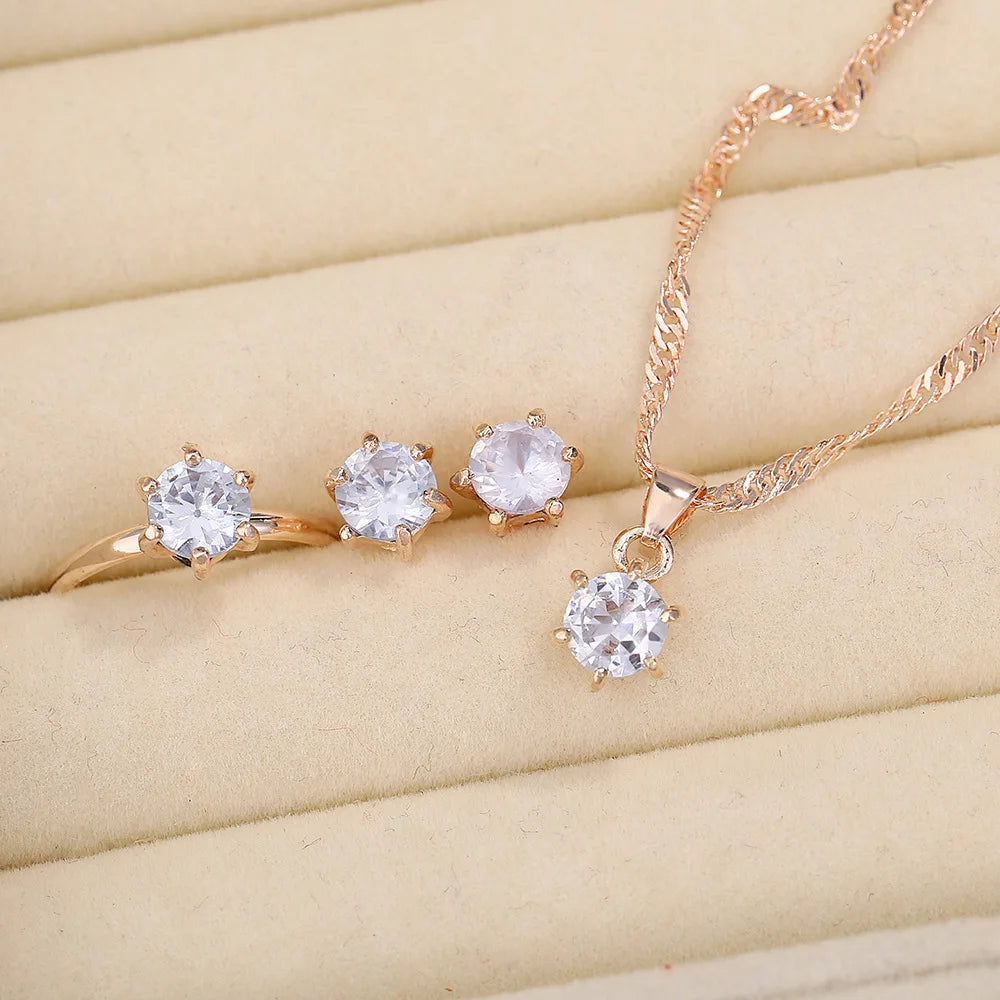 5Pcs Elegant Crystal Jewelry Set Zirconia Ring Necklace Bracelet Earrings Simple Set Jewelry Fashion Versatile Trendy Jewelry