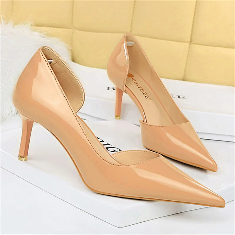 Women 7.5cm 10.5cm High Heels Yellow Pumps Office Stiletto Wedding Bridal Scarpins Short Heels Lady Hollow Party Shoes