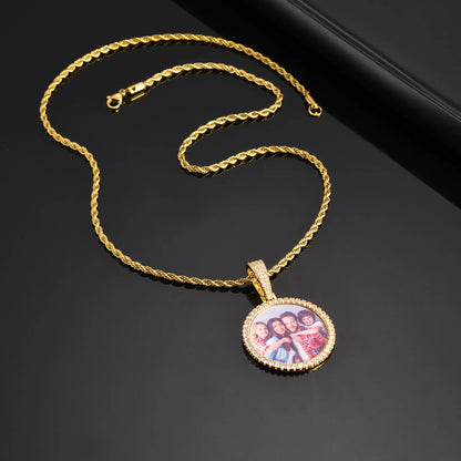 Vnox Free Custom Round Photo Frame Necklaces Gift for Women Men,Big Coin Pendant Zircon Stone Circle,Family Picture Gift to Dad