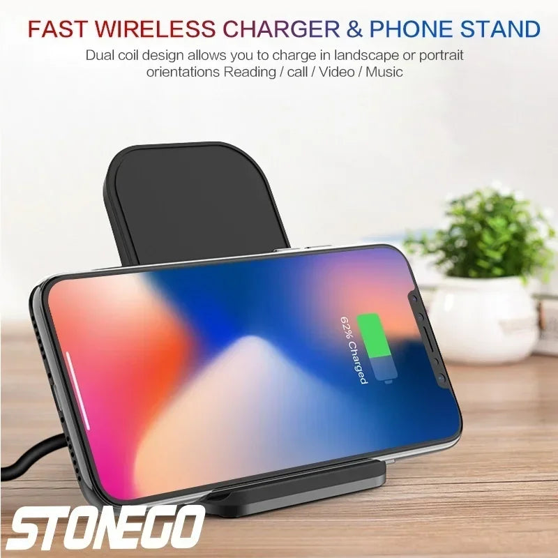 Wireless Charger Mount 10W 7.5W 5W Qi Fast Charging Pad Dual Coils Case Friendly Anti-Slip Rubber Type-C Input Phone Accessory