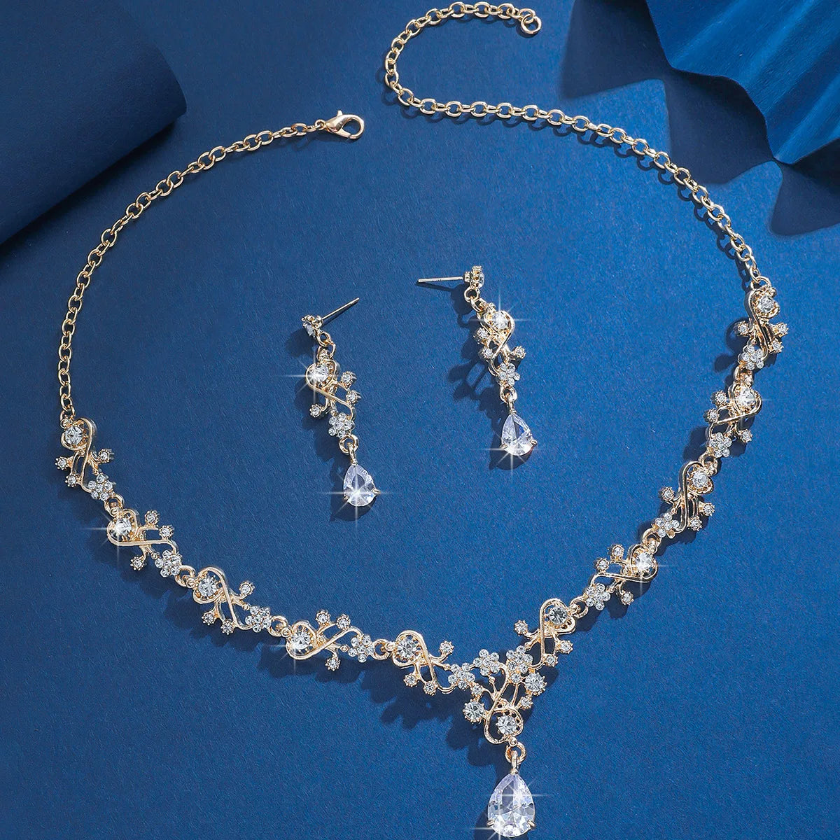 Gold Plated Crystal Jewelry Set for Women - Bridal Party Necklace Earrings Set with Teardrop Pendant