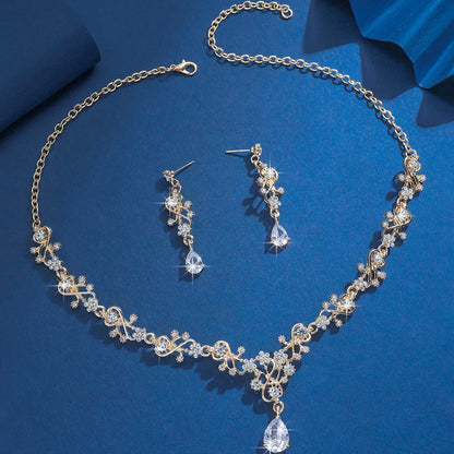 Gold Plated Crystal Jewelry Set for Women - Bridal Party Necklace Earrings Set with Teardrop Pendant