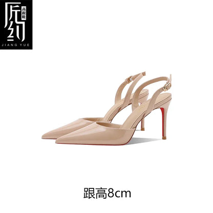 White patent leather toe back empty strap sandals for women, pointed thin heels, shallow mouth, high heels, single shoes
