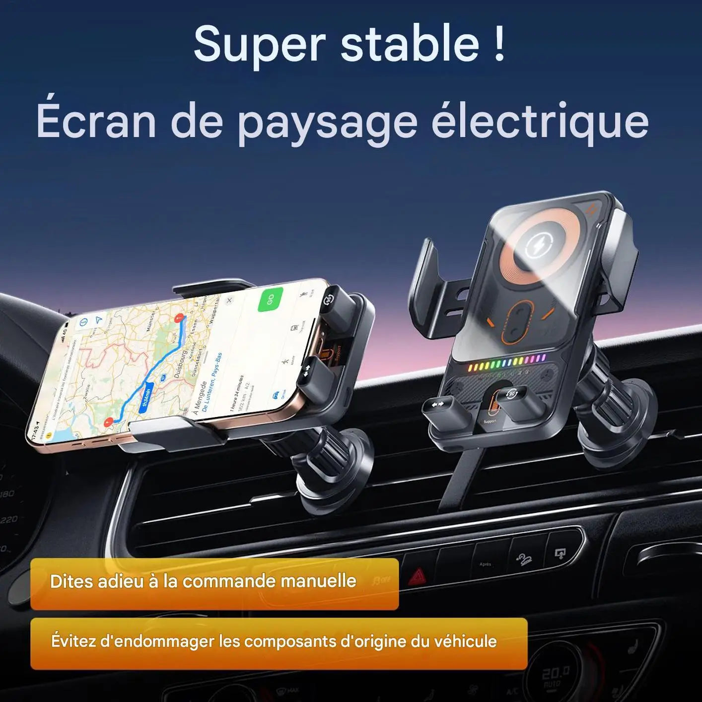 Car Air Vent Electric Rotating Opening Closing Phone Holder Fast Charging 15W Wireless Charger Dua l Coil RGB Light Smart Phones