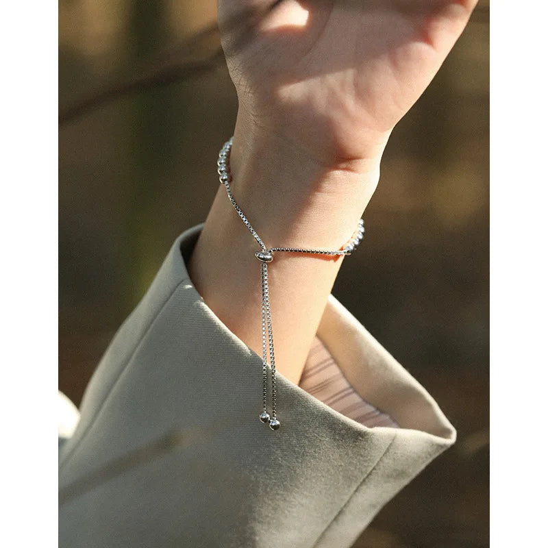 Genuine 925 Sterling Silver 3mm Beaded Bracelet with Adjustable and Minimalist Style Fashion Design Hand Women Jewelry